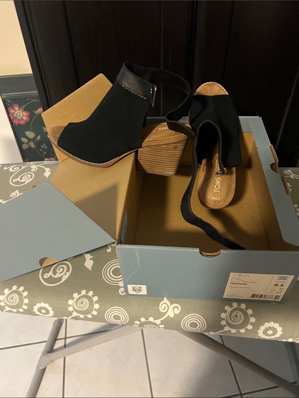 TOMS Black Suede Open-Toe Ankle Strap Block Heels